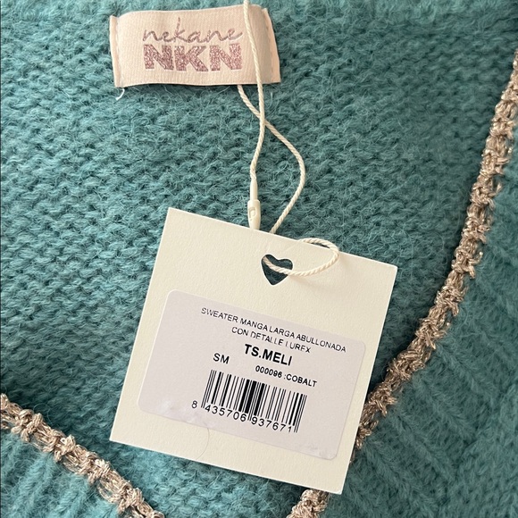 NKN Nekane Meli Aqua Gold Lurex V-Neck Wool Blend Sweater Small/ Medium NWT - Picture 6 of 8